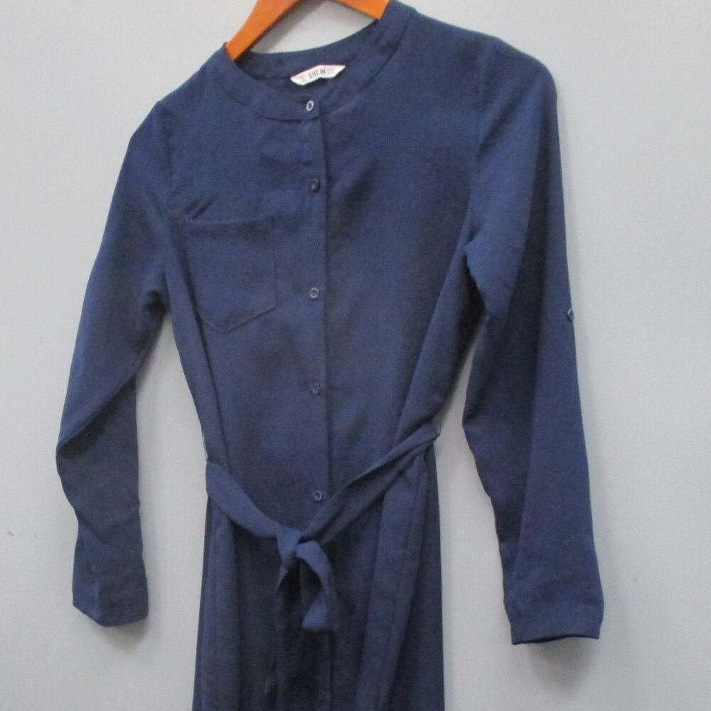 Shein Girls Dress Size 11 - 12 Navy Blue Color Button Front With Belt Dress